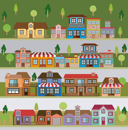 A colorful natural landscape with set of scenes in strips of country village vector illustration.のイラスト素材