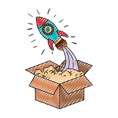 colored crayon silhouette of space rocket coming out of the box vector illustrationのイラスト素材