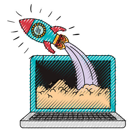 colored crayon silhouette of laptop computer and space rocket vector illustrationのイラスト素材
