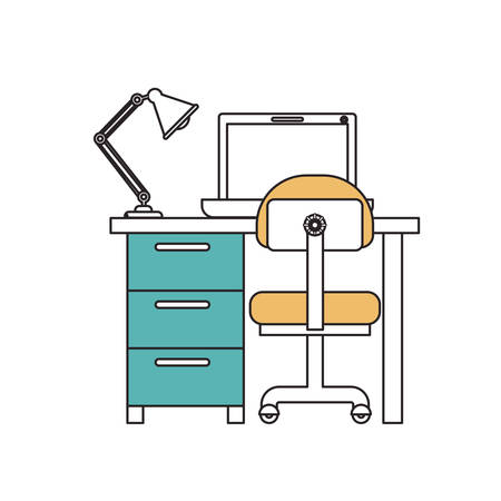 silhouette color sections of desk home with chair and lamp and laptop computer vector illustrationのイラスト素材