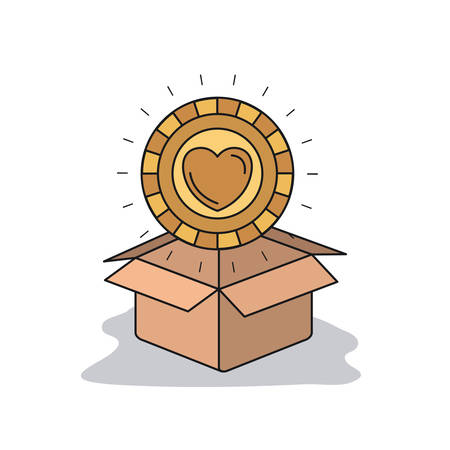 color image background golden coin with heart shape inside coming out of cardboard box vector illustrationのイラスト素材