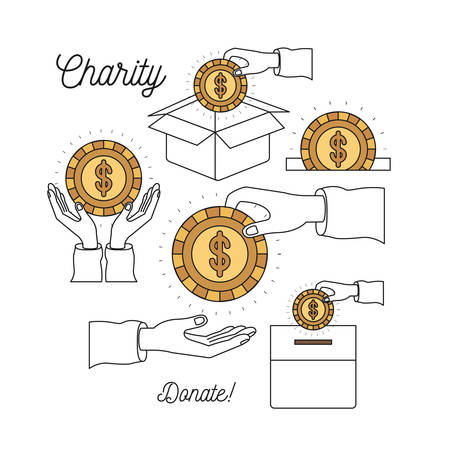 Color silhouette image set charity help others and hands depositing coin dollar symbol in palm vector illustrationのイラスト素材