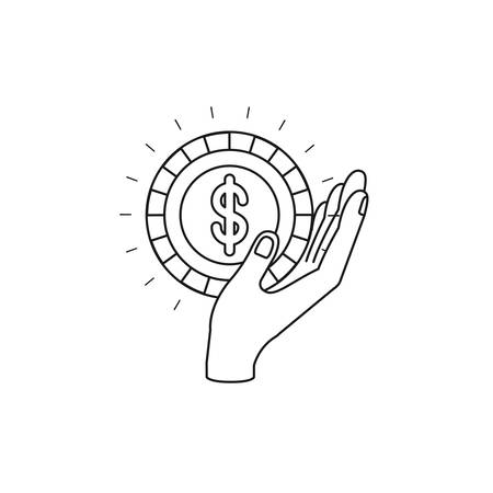 Silhouette side view of hand holding in palm a coin with dollar symbol insideのイラスト素材