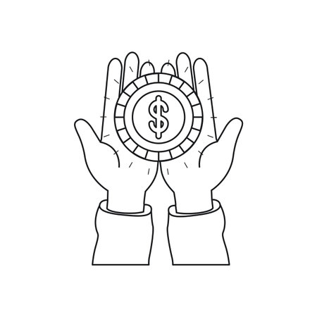 Silhouette front view of hands holding in palms a coin with dollar symbol vector illustrationのイラスト素材