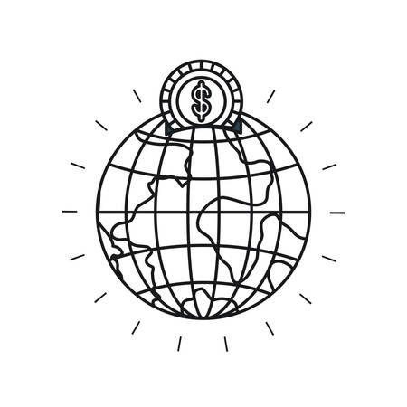 silhouette money box in globe earth world shape with coin with dollar symbol vector illustrationのイラスト素材