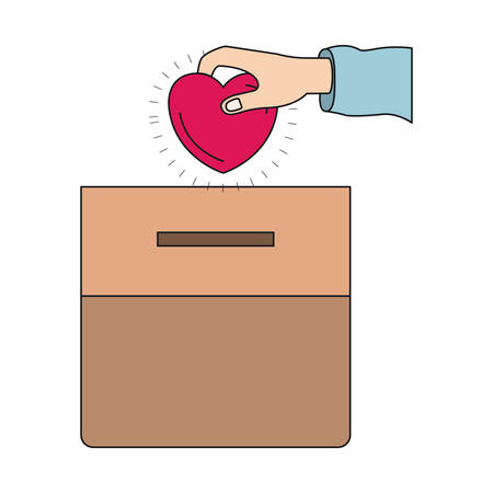 colorful silhouette front view hand with flat heart depositing in a carton box vector illustrationのイラスト素材