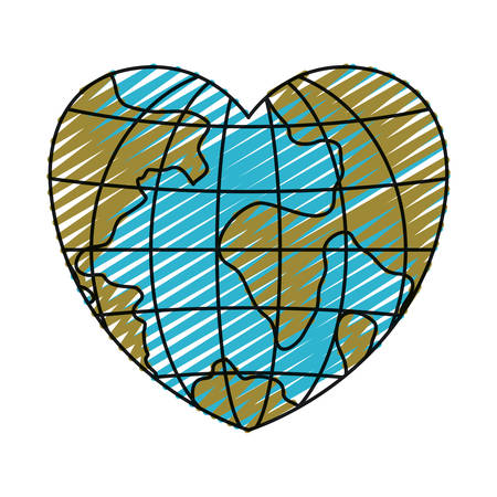 color crayon silhouette front view globe earth world in heart shape vector illustrationのイラスト素材