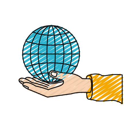 color crayon silhouette hand palm giving a globe chart charity symbol vector illustrationのイラスト素材