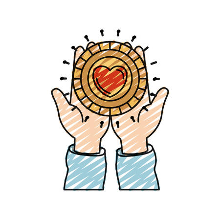 color crayon silhouette front view of hands holding in palms a coin with heart shape inside charity symbol vector illustrationのイラスト素材