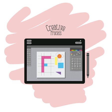 colorful background with designers graphic table with geometric design and pen creative process vector illustrationのイラスト素材