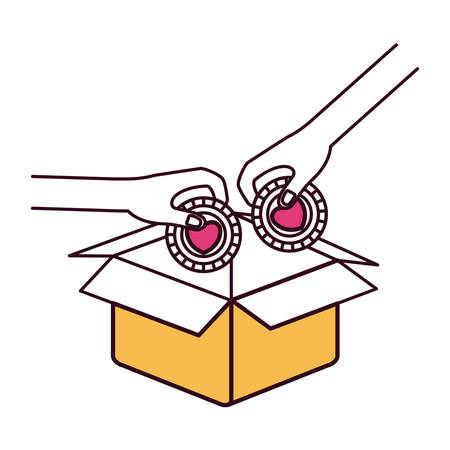 silhouette color sections side view of pair hands holding a coins with heart shape inside to deposit in cardboard box vector illustrationのイラスト素材