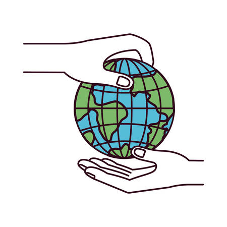 silhouette color sections side view of palm human holding a earth globe world charity symbol to deposit in other hand vector illustrationのイラスト素材