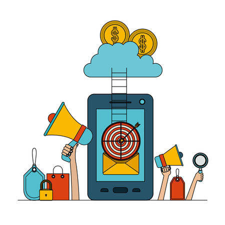 white background set colorful smartphone with stairs to cloud storage money security vector illustrationのイラスト素材