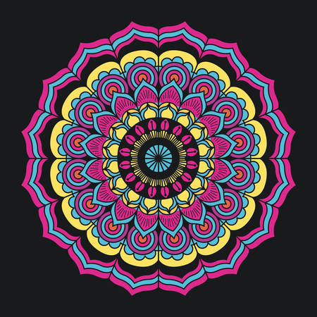 black background with colorful ornamental flower mandala vintage decorative vector illustrationのイラスト素材