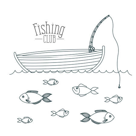 monochrome sketch silhouette boat fishing club and fish in the water vector illustrationのイラスト素材
