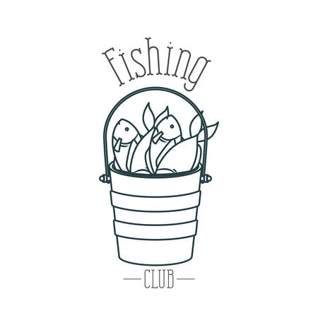 monochrome sketch silhouette bucket full fish and logo fishing club vector illustrationのイラスト素材