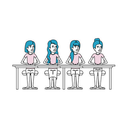 color sections silhouette of teamwork of women sitting in desk vector illustrationのイラスト素材