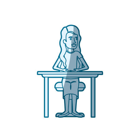 blue color silhouette shading of woman with long wavy hair and sitting in chair in desktop vector illustrationのイラスト素材