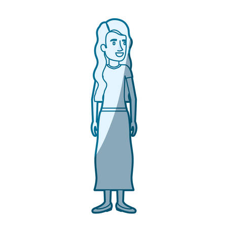 blue color silhouette shading of woman standing with wavy long hair in blouse and skirt vector illustrationのイラスト素材