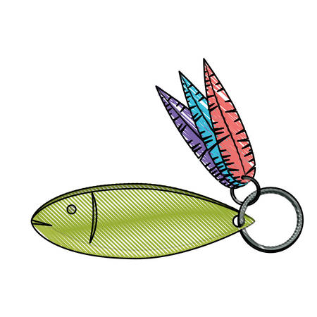 color crayon silhouette of of closeup fish hook with decorative feathers vector illustrationのイラスト素材