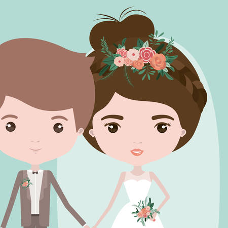 color background with half body couple of just married young man and woman with collected bun hair vector illustrationのイラスト素材