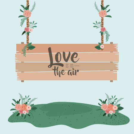 blue background colorful scene with wooden hanging poster with text with love is in the air and grass with floral ornaments vector illustrationのイラスト素材