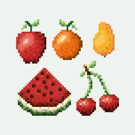 A color pixelated set collection fruits icons vector illustration.のイラスト素材