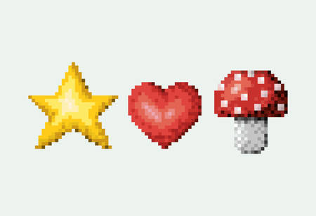 Color pixelated set of star and heart with mushroom vector illustration.のイラスト素材