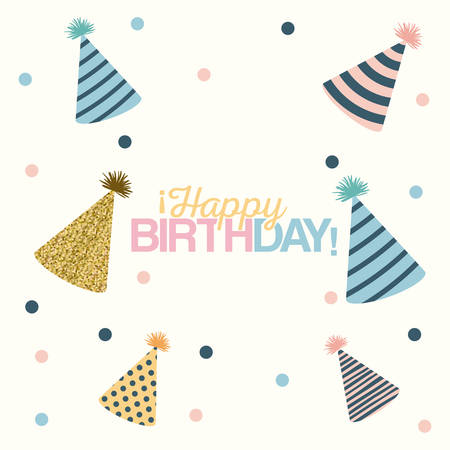 white dotted background with decorative party hat sets and text happy birthday in the center vector illustrationのイラスト素材