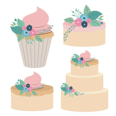 white background with colorful set cakes and cupcakes vector illustrationのイラスト素材