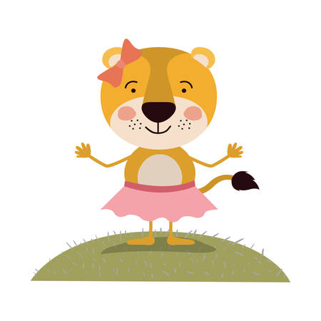 colorful scene sky landscape and grass caricature cute expression lioness in skirt with bow lace vector illustrationのイラスト素材