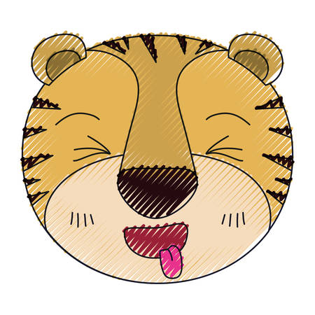 color crayon silhouette cute face of tiger sticking out tongue expression vector illustrationのイラスト素材