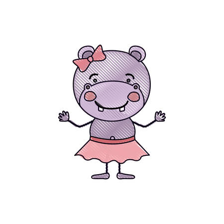 color crayon silhouette caricature of cute expression female hippo in skirt with bow lace vector illustrationのイラスト素材