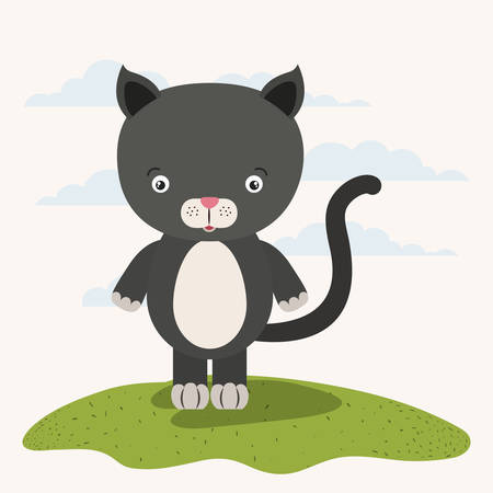 white background with color scene cute cat animal in grass vector illustrationのイラスト素材