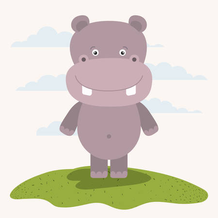 white background with color scene cute hippopotamus animal in grass vector illustrationのイラスト素材