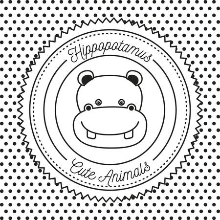 monochrome dotted background with silhouette frame decorative and face hippos cute animals text vector illustrationのイラスト素材