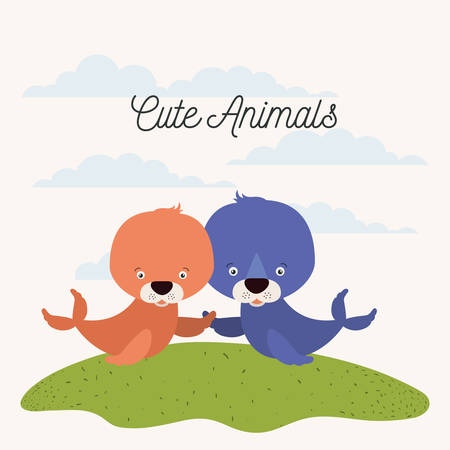 white background with color scene couple cute seals aquatic animals in grass vector illustrationのイラスト素材