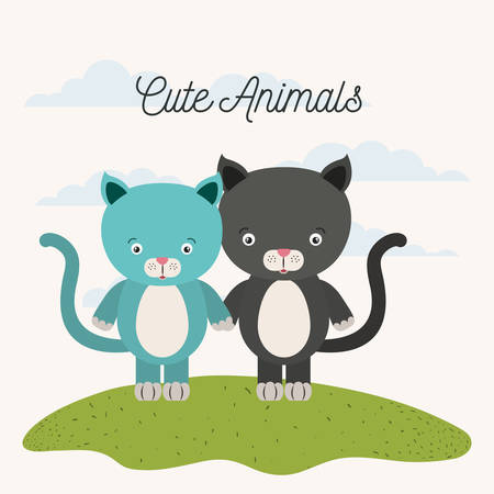 white background with color scene couple cute cats animals in grass vector illustrationのイラスト素材