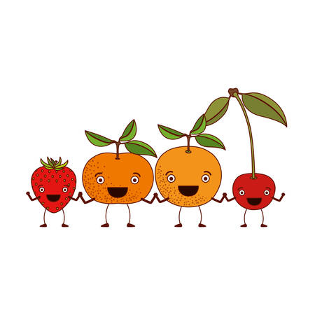 white background of colorful set fruits cherry strawberry tangerine and orange in caricature vector illustrationのイラスト素材