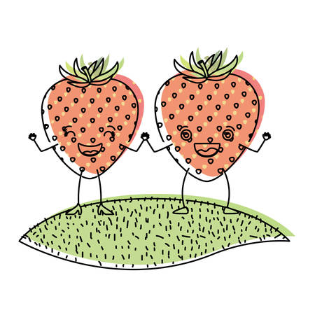 white background with watercolor silhouette of pair of strawberry fruits caricature over grass vector illustrationのイラスト素材