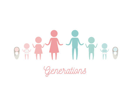 white background with color silhouette pictogram female and male generations people vector illustrationのイラスト素材