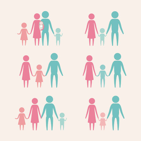 white background with color silhouette set pictogram generations parents and children vector illustrationのイラスト素材