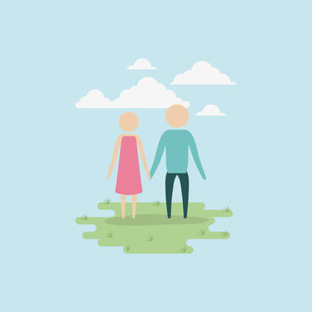 Colored background sky landscape and grass with silhouette set of pictogram couple holding hands vector illustrationのイラスト素材