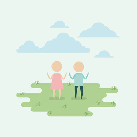 Color background sky landscape and grass with silhouette set pictogram couple girl and boy vector illustrationのイラスト素材