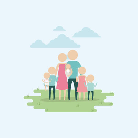 colored background sky landscape and grass with silhouette set of pictogram big family vector illustrationのイラスト素材