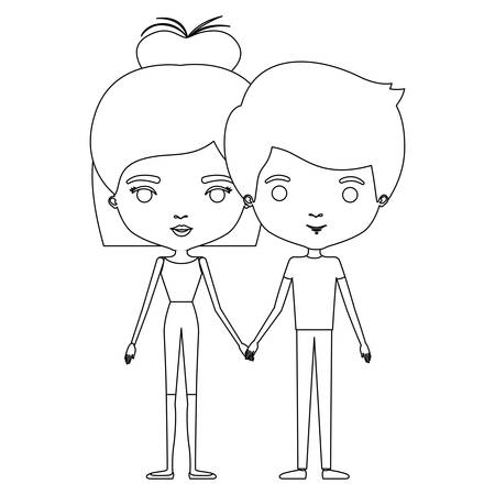 Silhouette caricature of thin couple of man and woman with bun medium hairstyle vector illustrationのイラスト素材
