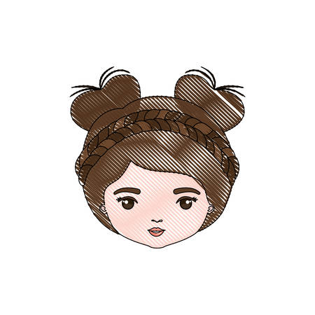 color crayon silhouette caricature closeup front view face woman with double bun collected and braided hairstyle vector illustrationのイラスト素材