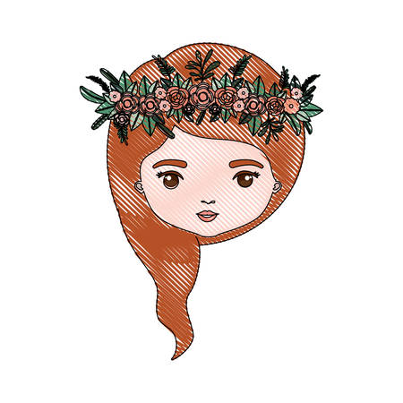 color crayon silhouette caricature closeup front view face woman with wavy medium red hairstyle and crown decorate with flowers vector illustrationのイラスト素材