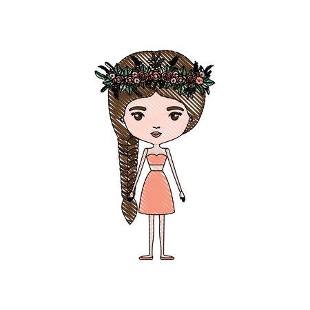 color crayon silhouette caricature skinny woman in clothes with side braid hairstyle and flower crown accesory vector illustrationのイラスト素材