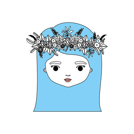 Colored caricature closeup front view of a woman's with straigh medium hairstyle and crown decorate with flowers vector illustrationのイラスト素材